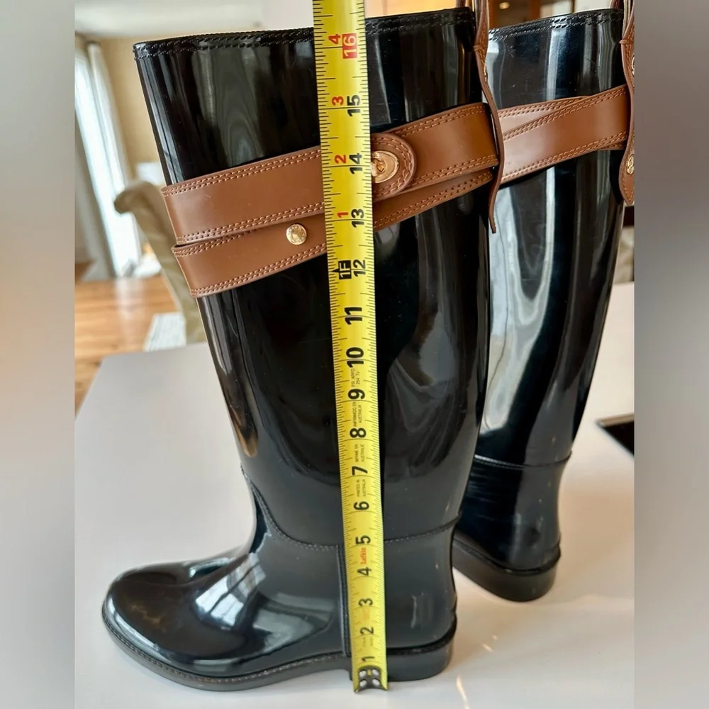 Coach Talia Knee High Rain Boots 9 Glossy Black Brown Buckle Preppy Outdoors